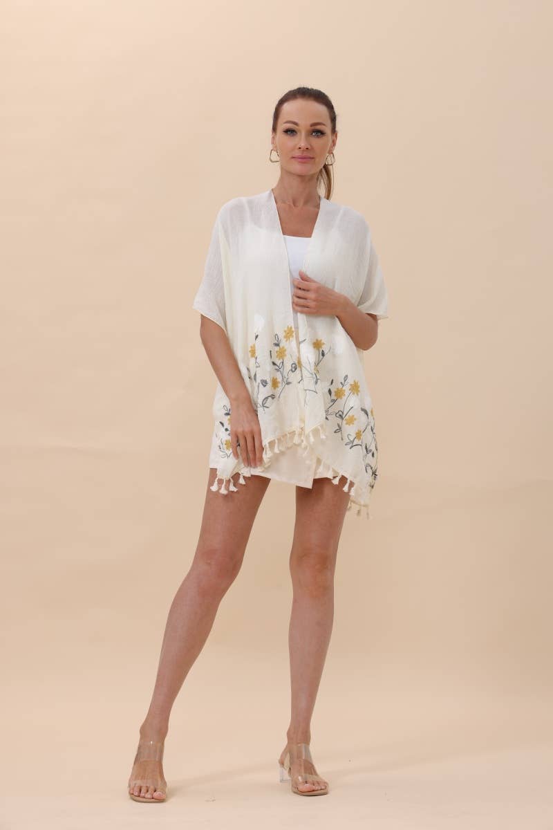 Floral Embroidered Tassel Hem Kimonos in Peach or Ivory