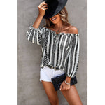 Printed Off Shoulder Frilled Tie Lantern Sleeve Top