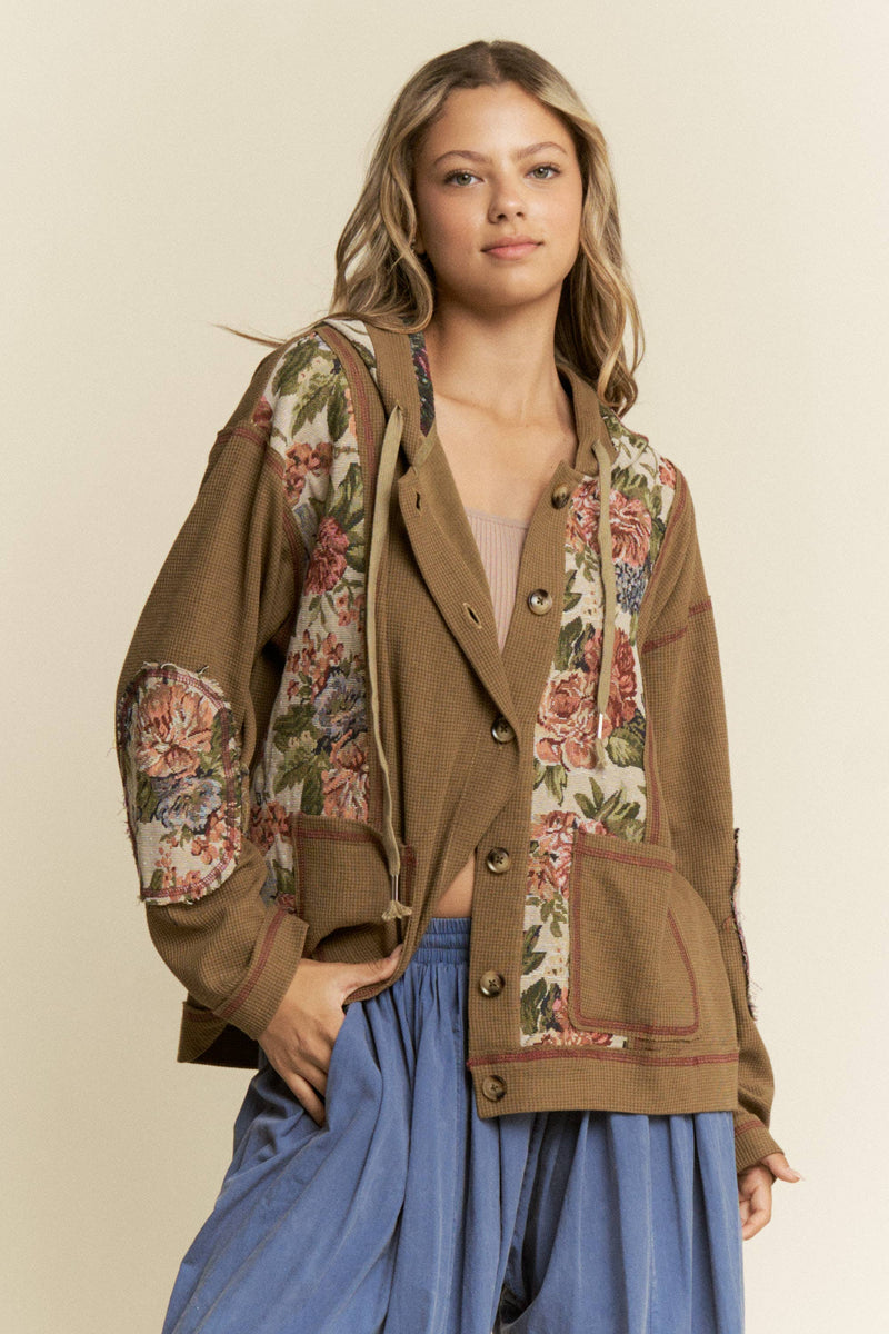 Waffle Knit Hoodie with Floral Patchwork