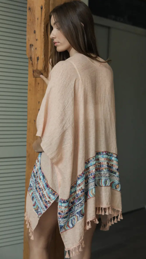 Embroidery Trim Kimono with Tassels in Sage and in Muted Peach