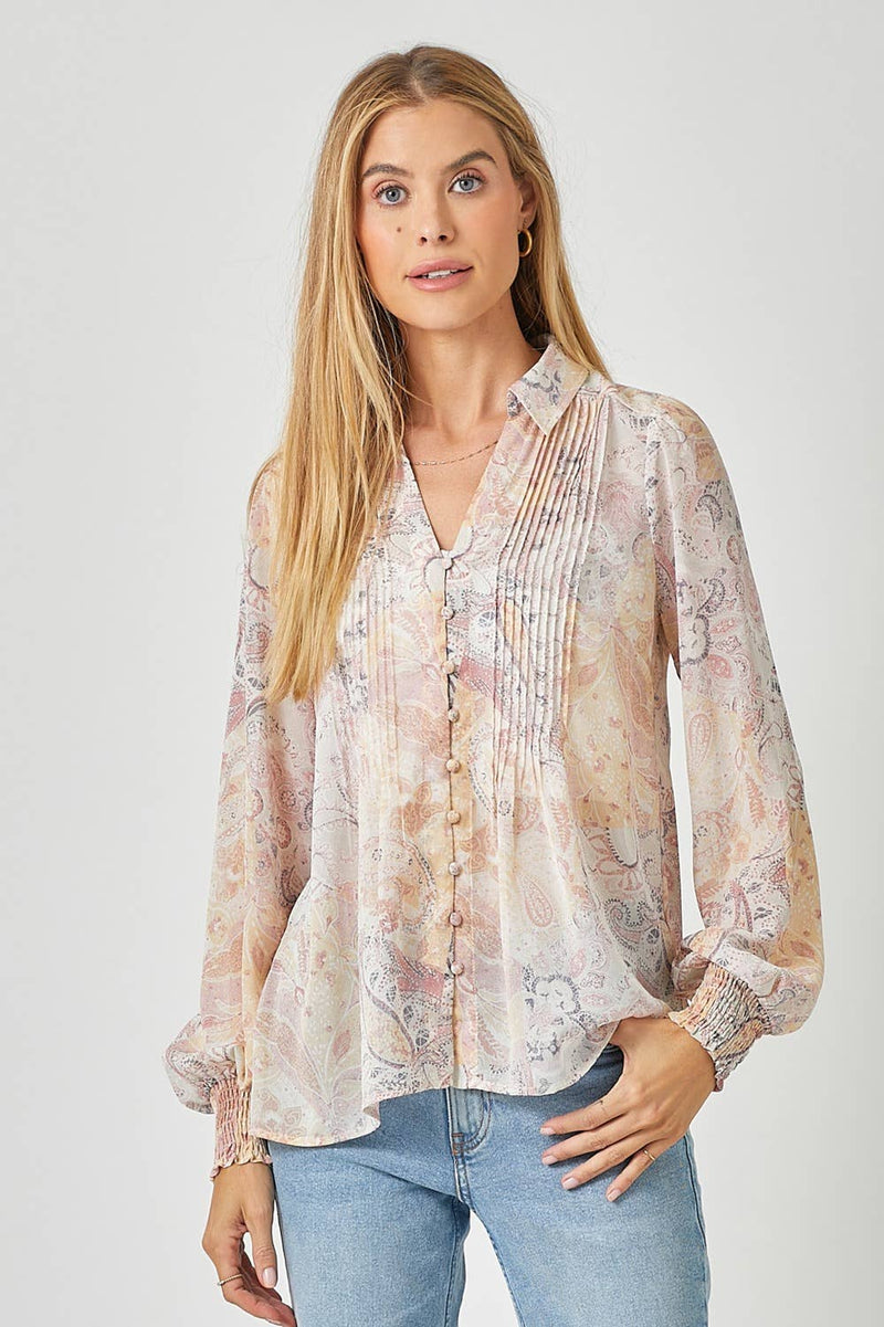 Sand Mix Pintuck Print Blouse
