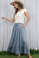 Tiered Fringe Hem Chambray Maxi Skirt
