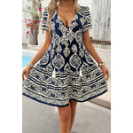 Navy Button V Casual Tassel Dress