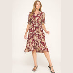Autumn Red Floral Faux Wrap Dress