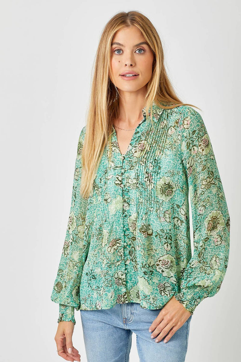 Sand Mix Pintuck Print Blouse