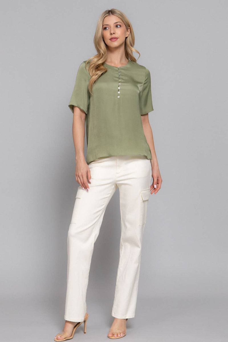 Crew Neck Washed Matte Satin Blouse