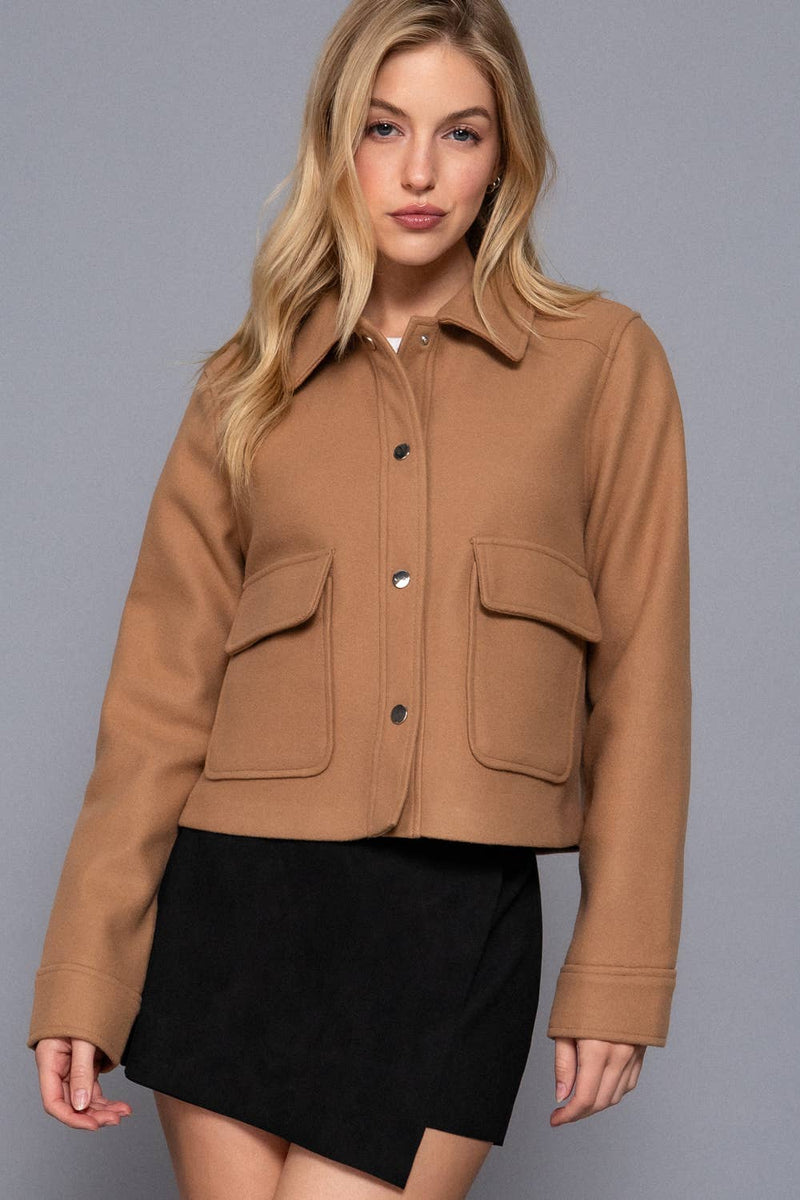Soft Patch Pocket Snap Jacket in Camel or Black