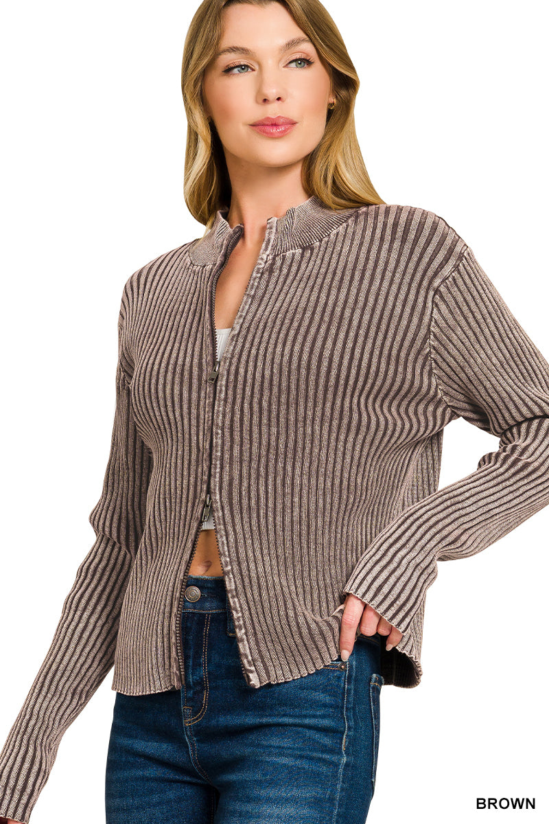 Chunky Ribbed Knit Zippered Cardigan in Black or Brown