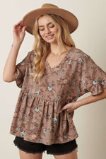 Floral Babydoll Blouse in Cream or Mocha