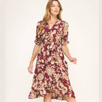 Autumn Red Floral Faux Wrap Dress