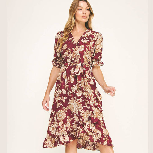 Autumn Red Floral Faux Wrap Dress