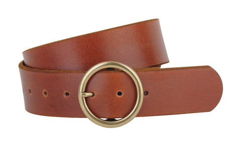 Wide Brass-Toned Circle Buckle Leather Belt in Black or Brown