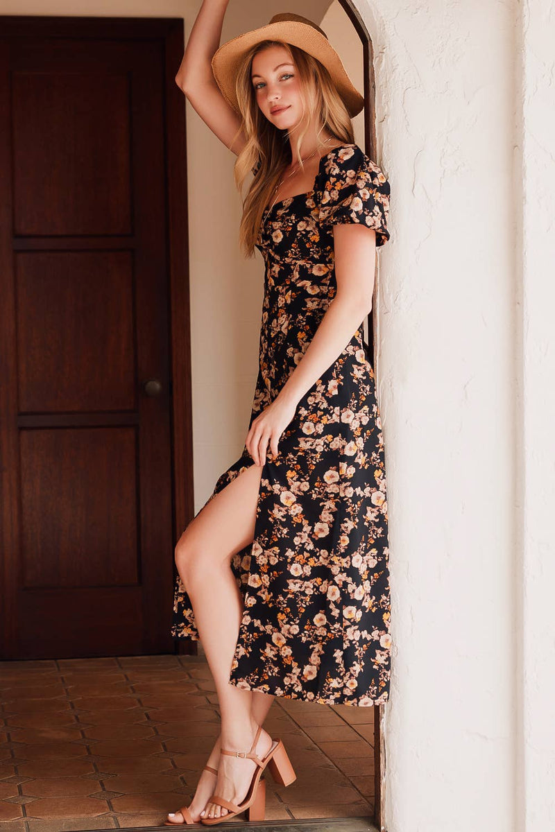 Floral Print Sweetheart Neckline Midi Dress