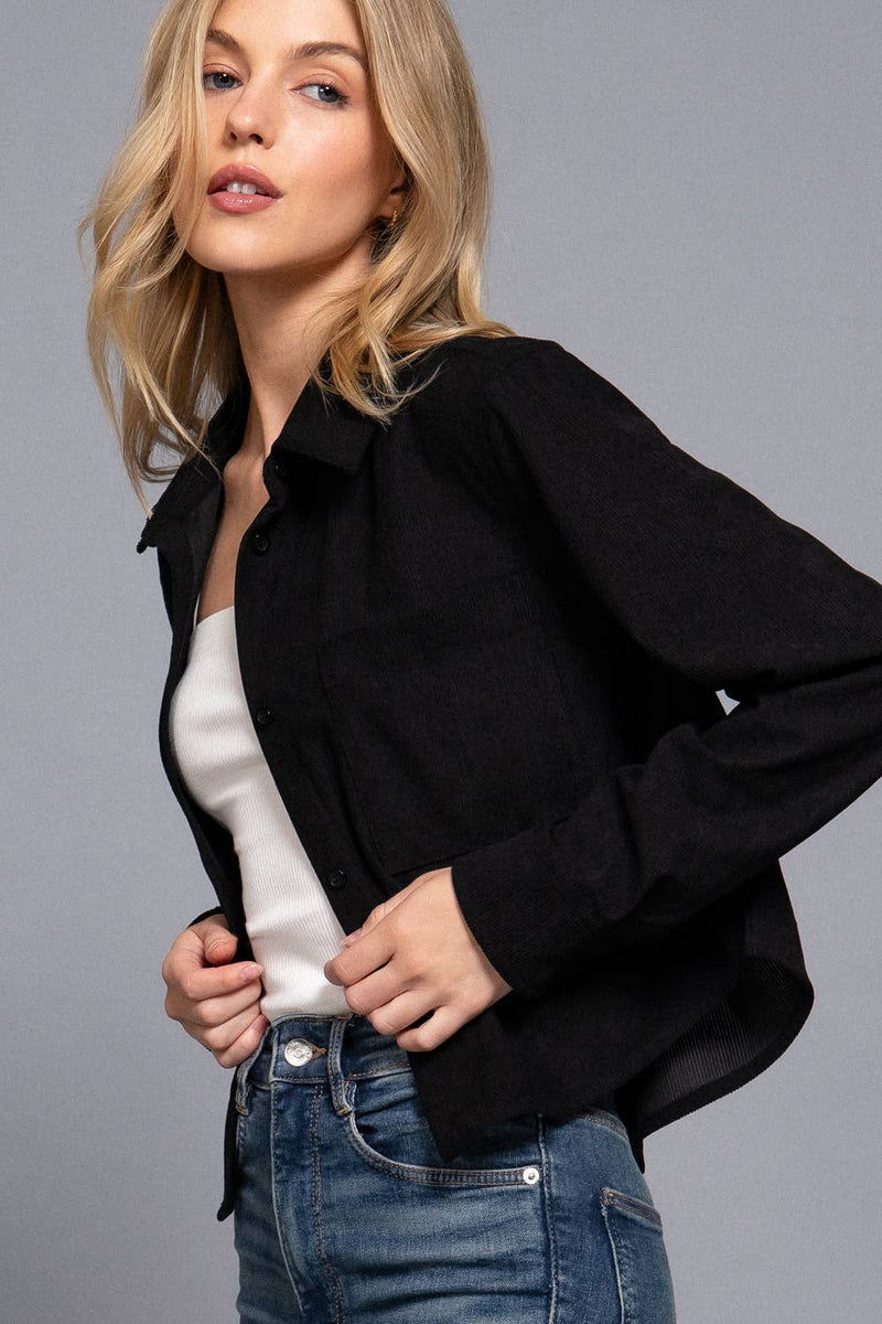 Long Sleeve Front Pocket Button Down Corduroy Crop Shirt