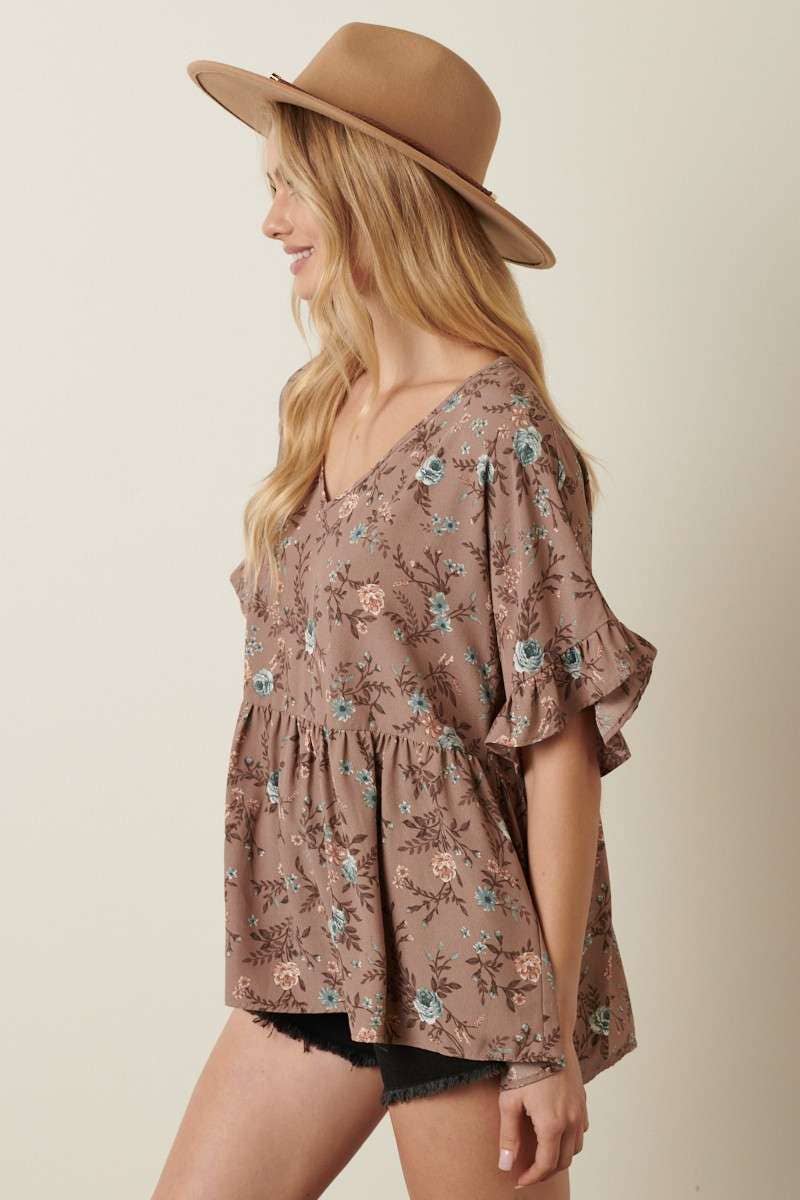 Floral Babydoll Blouse in Cream or Mocha