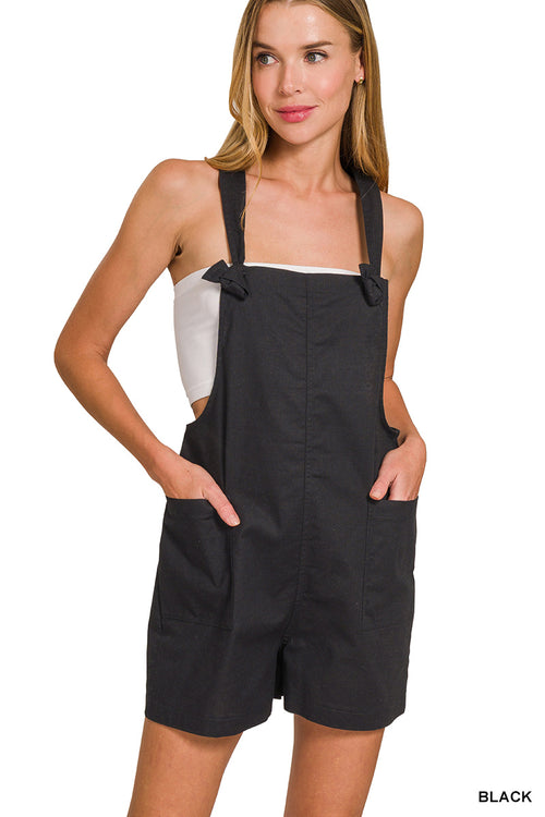 Woven Linen-Like Short Romper in Black or Olive