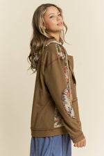 Waffle Knit Hoodie with Floral Patchwork