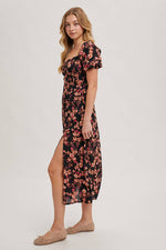 Floral Print Sweetheart Neckline Midi Dress