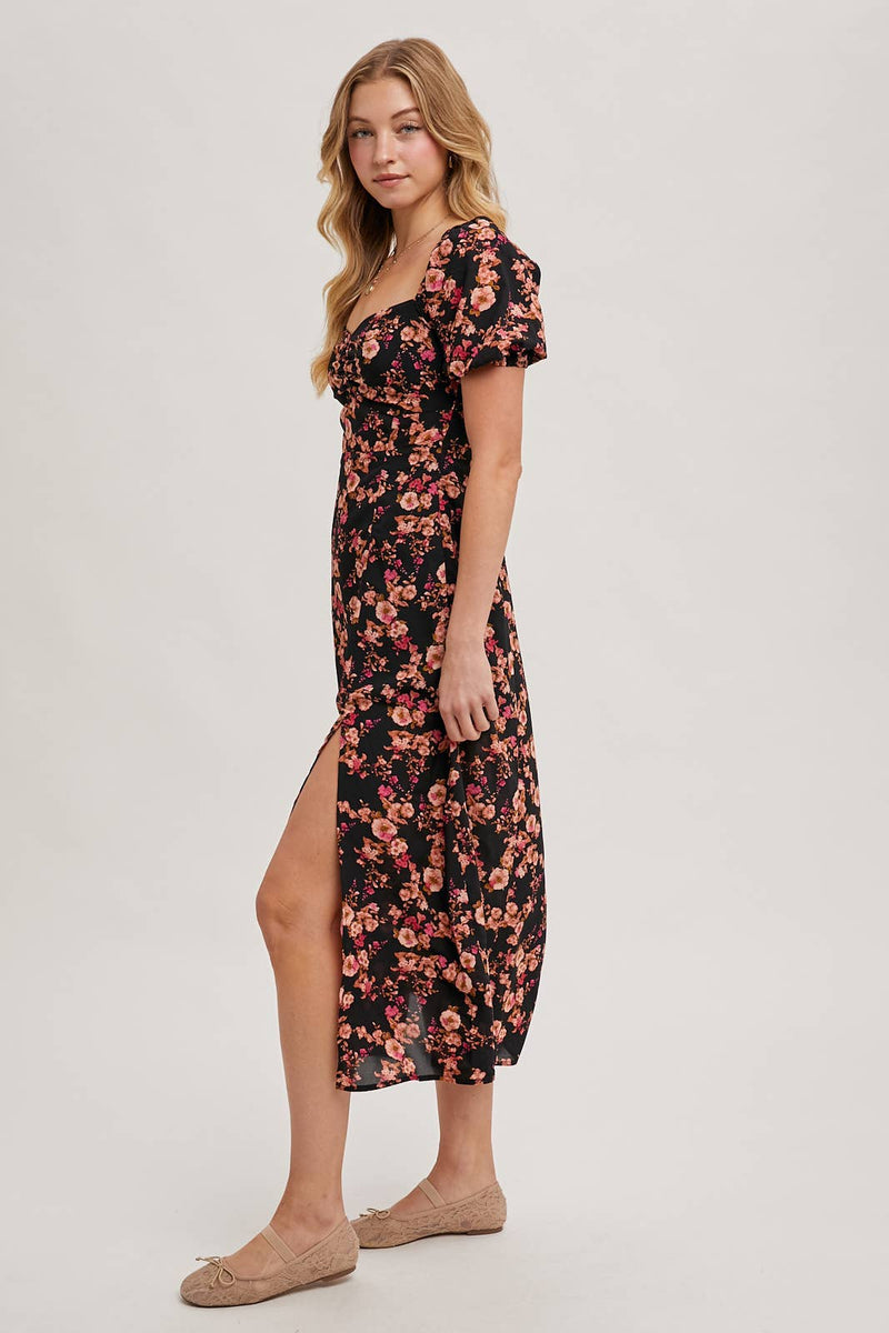 Floral Print Sweetheart Neckline Midi Dress