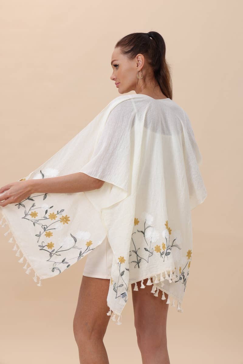 Floral Embroidered Tassel Hem Kimonos in Peach or Ivory