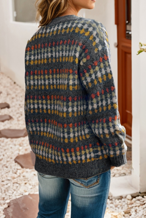Grey Multi-Color V-Neck Chunky Cardigan