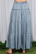 Tiered Fringe Hem Chambray Maxi Skirt