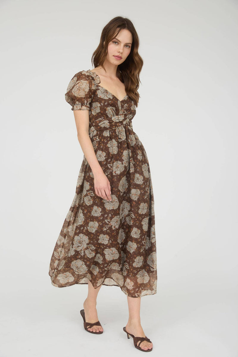 Chocolate Floral Sweetheart Neckline Dress