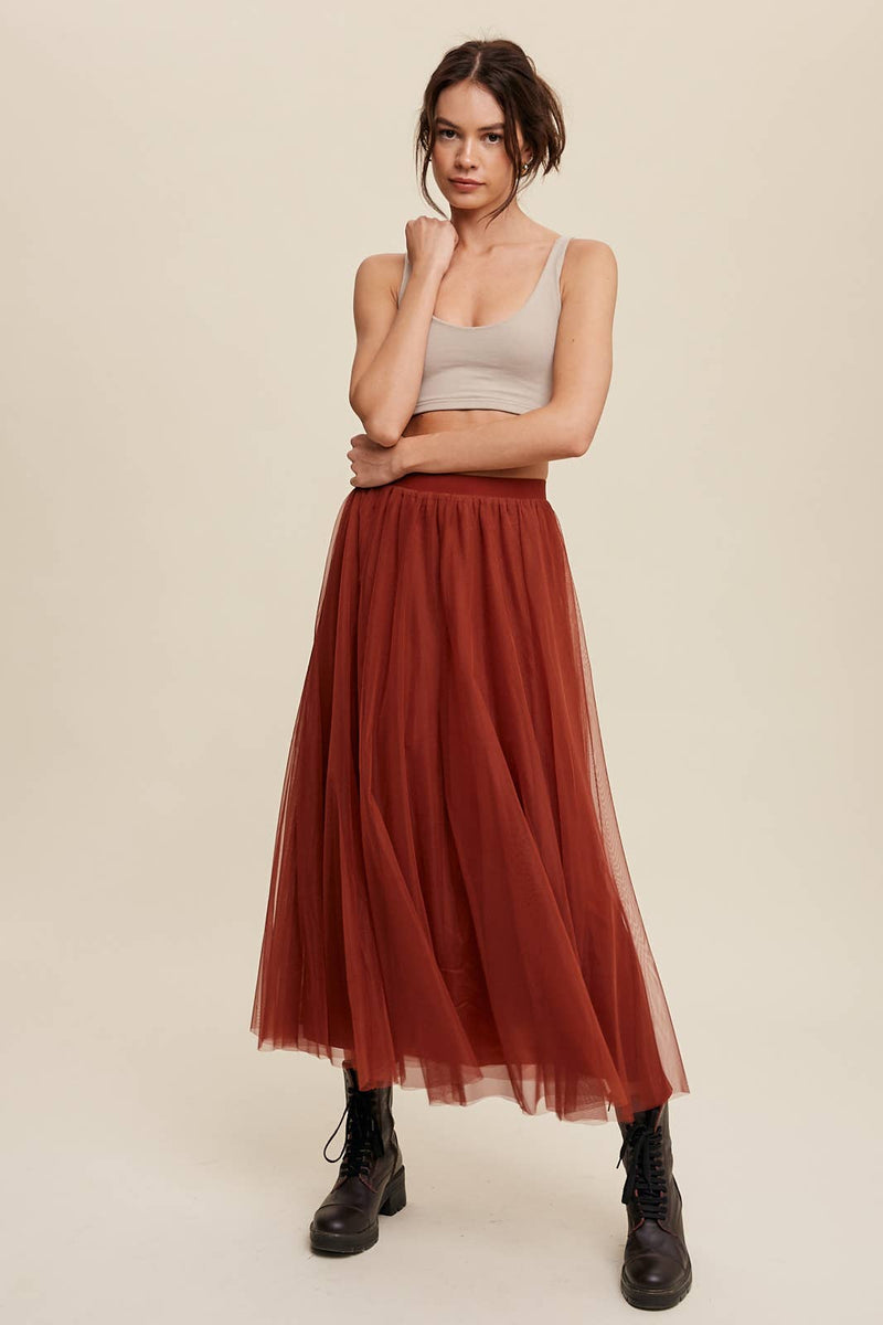 Rust Mesh Tulle Maxi Skirt