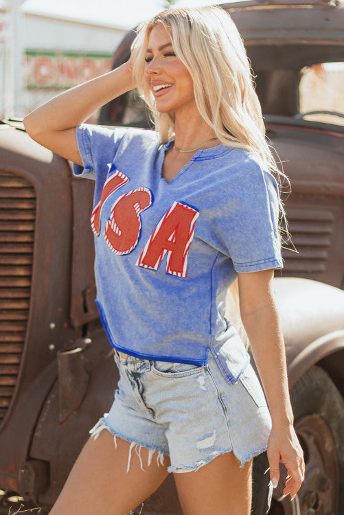 Sky Blue USA Patch Mineral Wash Notch V Neck Vintage Top