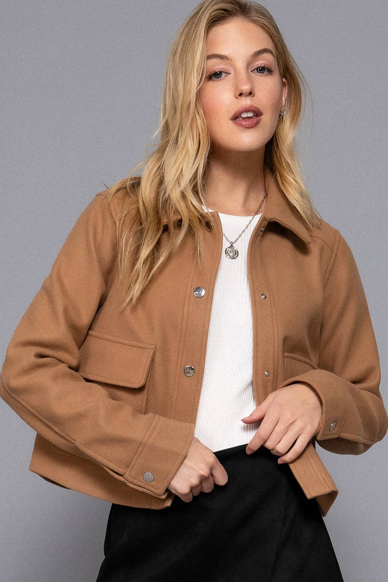 Soft Patch Pocket Snap Jacket in Camel or Black