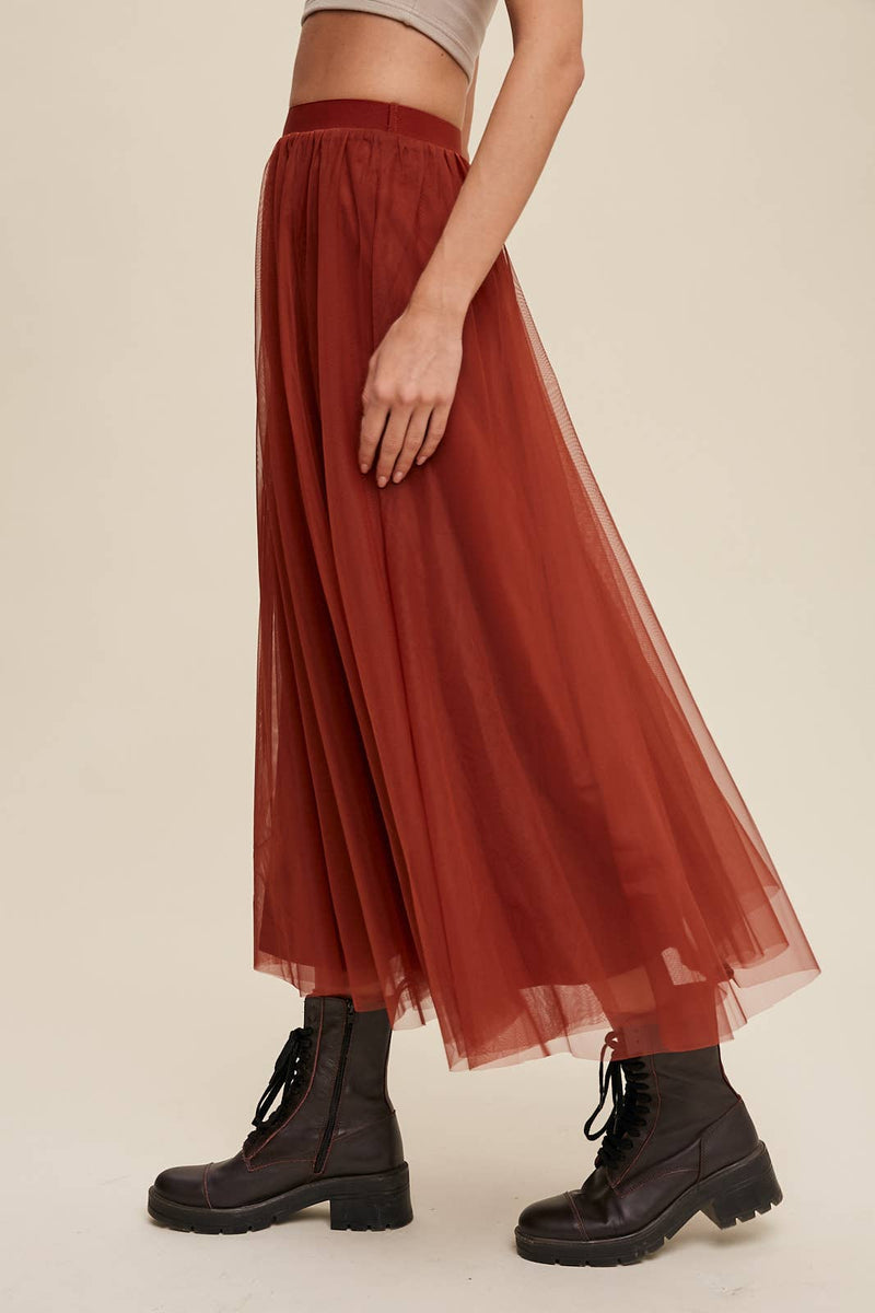 Rust Mesh Tulle Maxi Skirt