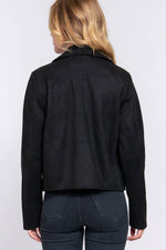 Notched Collar Open Front Faux Suede Jacket