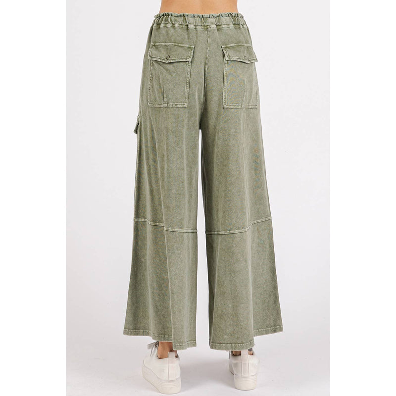 WASHED FRENCH TERRY CARGO ELASTIC WAIST WIDE LEG PANTS