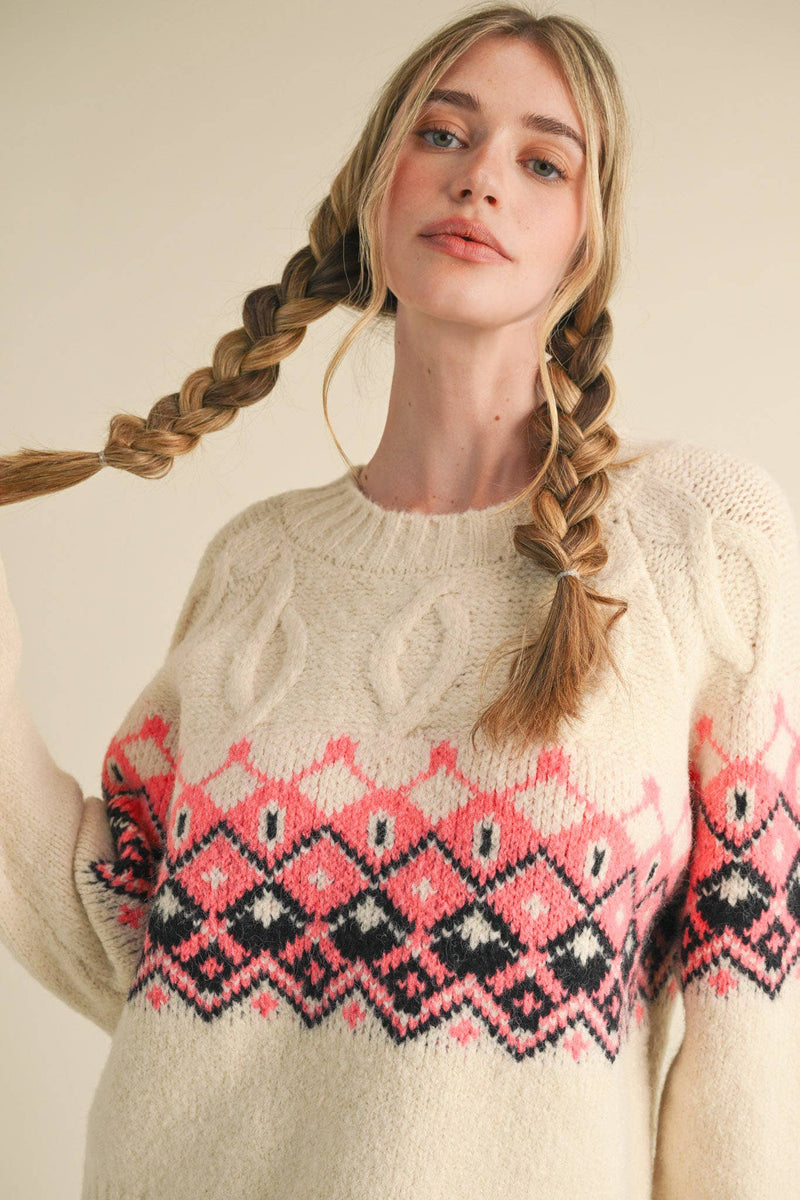 Ivory Cable Knit Fair Isle Sweater