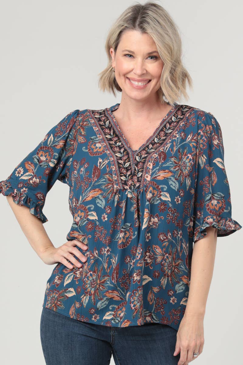 V-Neck Printed Blue Boho Blouse