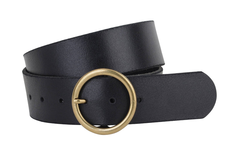 Wide Brass-Toned Circle Buckle Leather Belt in Black or Brown