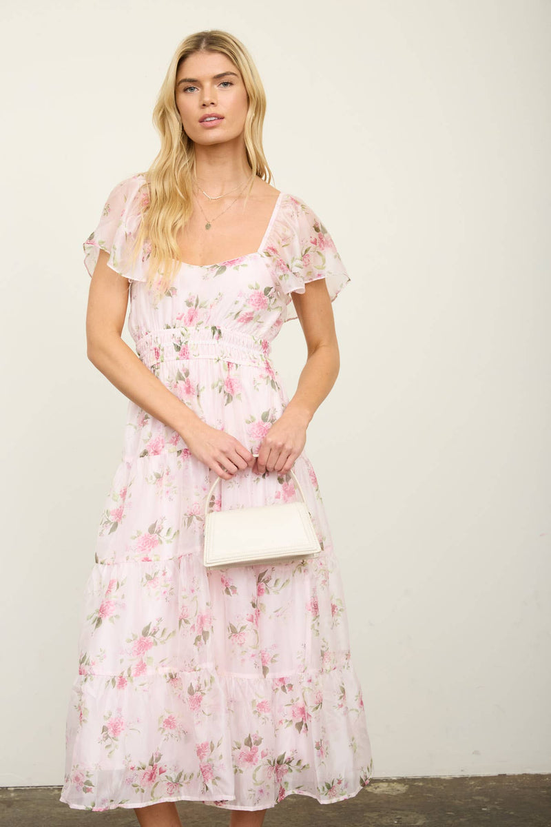 FLORAL CHIFFON FLOUNCE SLEEVE SHIRRED MIDI DRESS – #SmallTownGirl Boutique FLORAL CHIFFON FLOUNCE SLEEVE SHIRRED MIDI DRESS – #SmallTownGirl Boutique