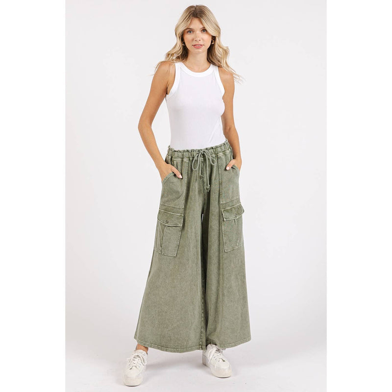 WASHED FRENCH TERRY CARGO ELASTIC WAIST WIDE LEG PANTS