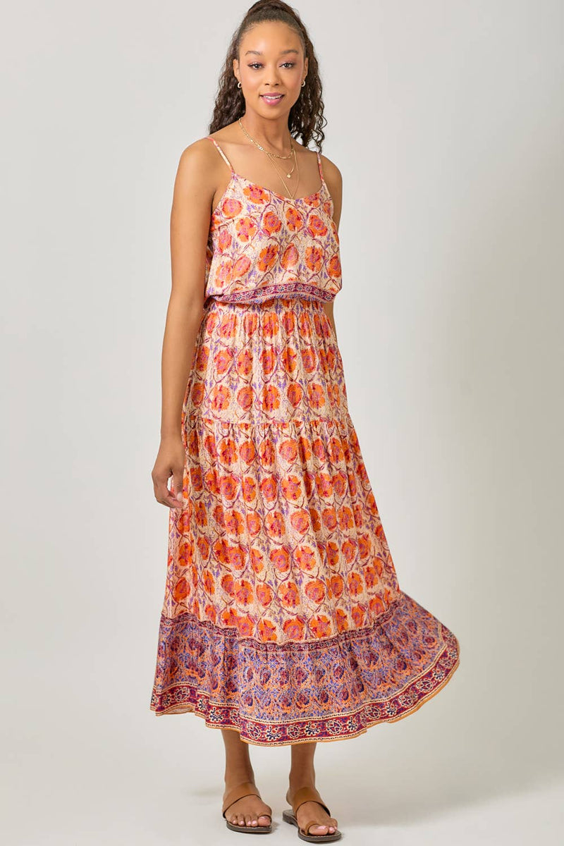 Border Print Tiered Long Skirt