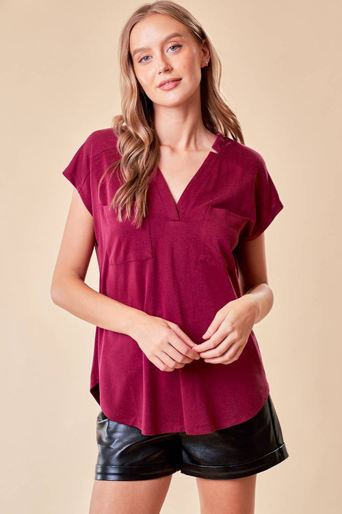 Short Sleeved V-Neck Blouse in Berry