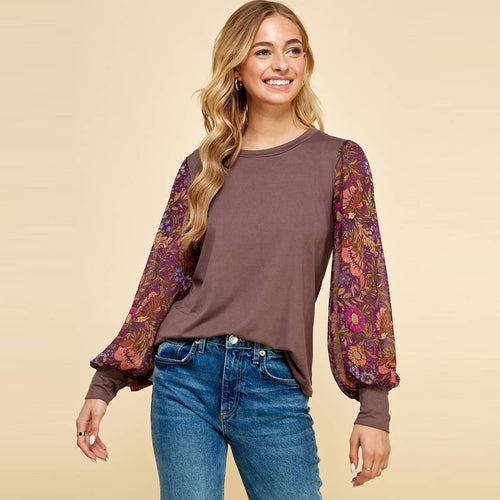 Solid Top with Printed Floral Sleeves