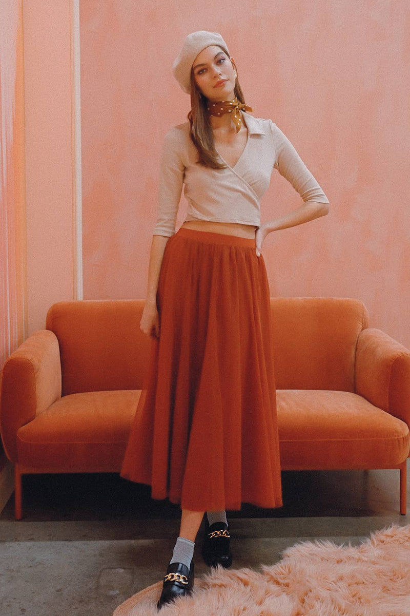 Rust Mesh Tulle Maxi Skirt