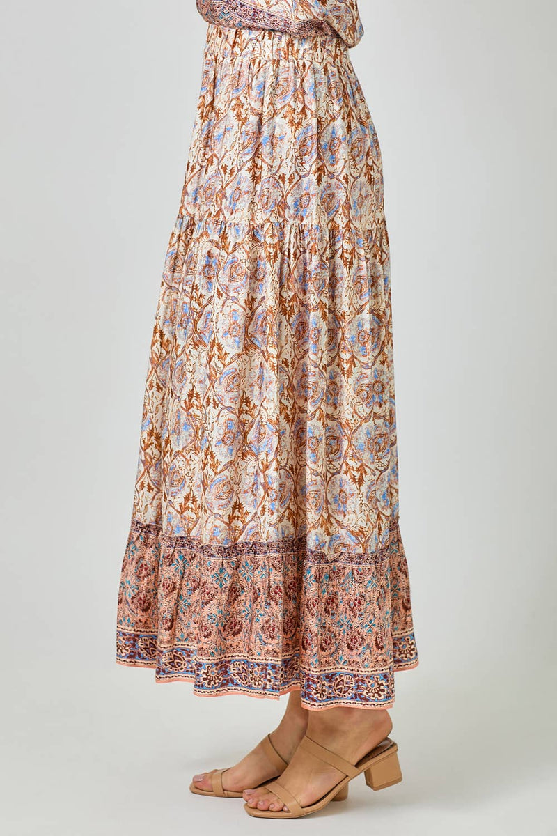 Border Print Tiered Long Skirt