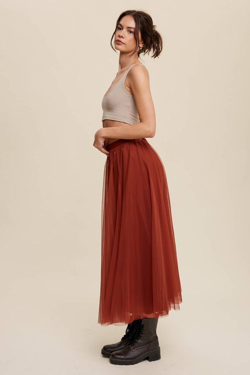 Rust Mesh Tulle Maxi Skirt