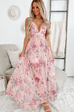 Pink Floral Backless Maxi Dress