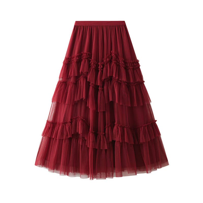 Red Chiffon Tiered Midi Skirt
