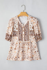 Khaki Boho Floral Print Half Placket Blouse