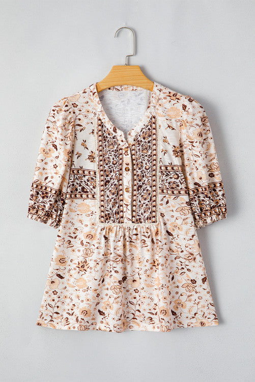 Khaki Boho Floral Print Half Placket Blouse