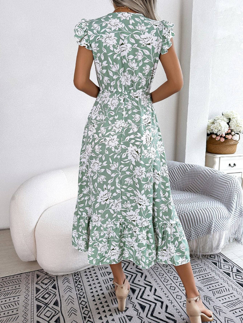V-Neck Green Floral Dress