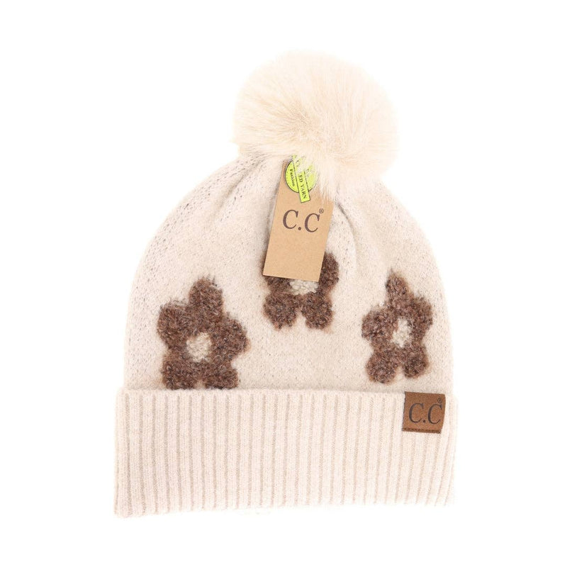 Daisy Contrast Faux Fur Pom C.C Beanie HTC0079